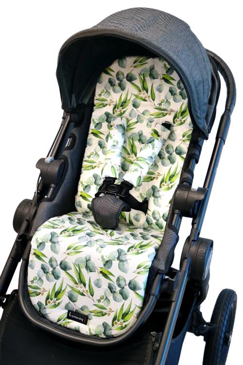 A pram lined with the Gumnut Leaves fabric pram liner