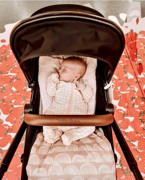 The beautiful Blushed Scallop universal pram liner featured on a babybee pram featuring a newborn baby girl 